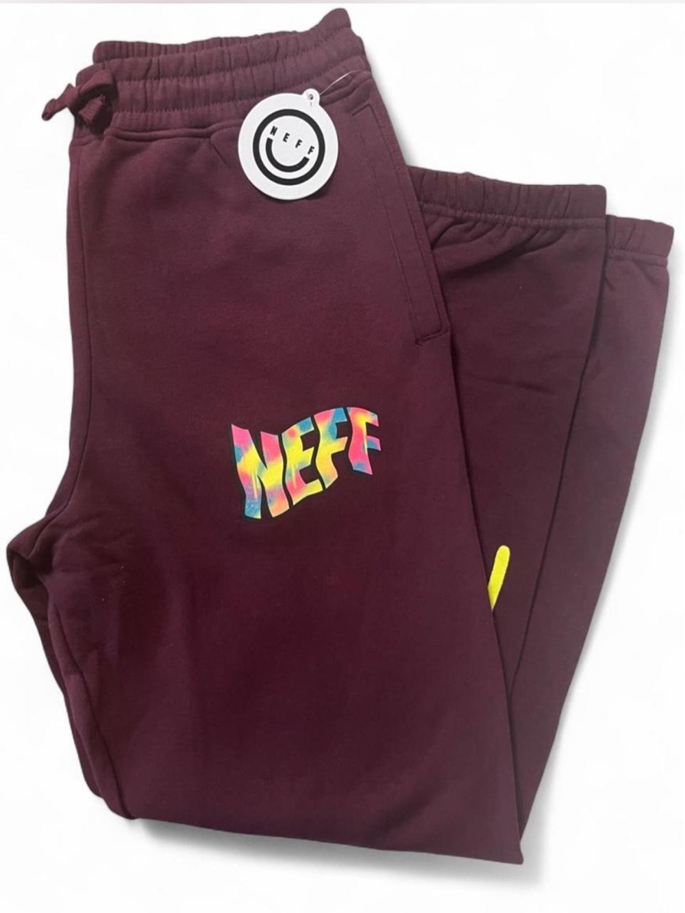 NWT Neff Men's Burgundy Jogger Sweatpants Colorful Tie Dye Rainbow Logo Size S